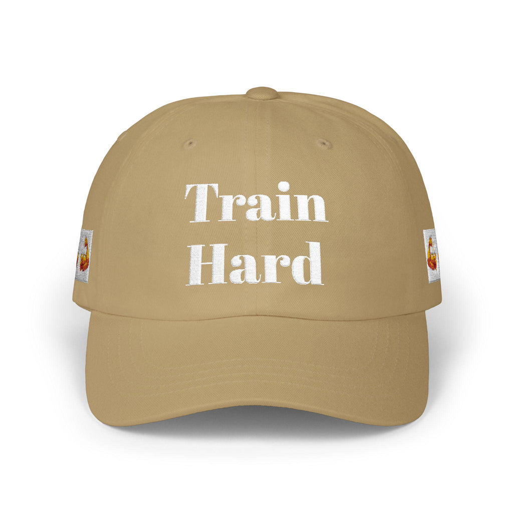 Train Hard cap | Embroidered Beige Classic Dad Cap, Move back script