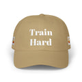 Train Hard cap | Embroidered Beige Classic Dad Cap, Move back script