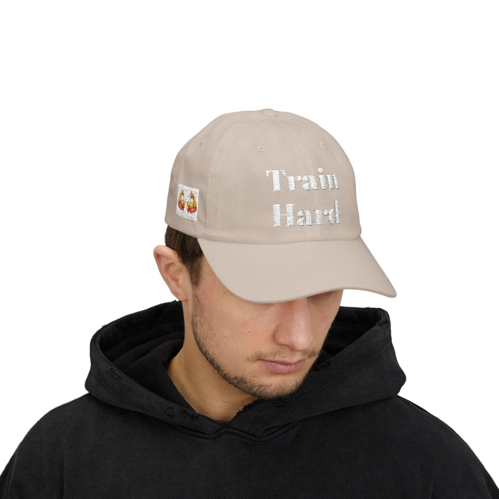 Train Hard cap | Embroidered Beige Classic Dad Cap, Move back script
