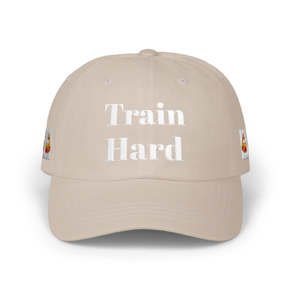 Train Hard cap | Embroidered Beige Classic Dad Cap, Move back script