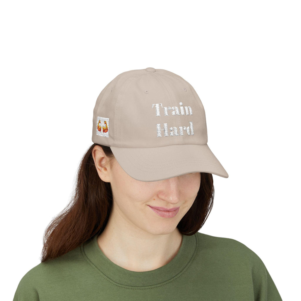 Train Hard cap | Embroidered Beige Classic Dad Cap, Move back script